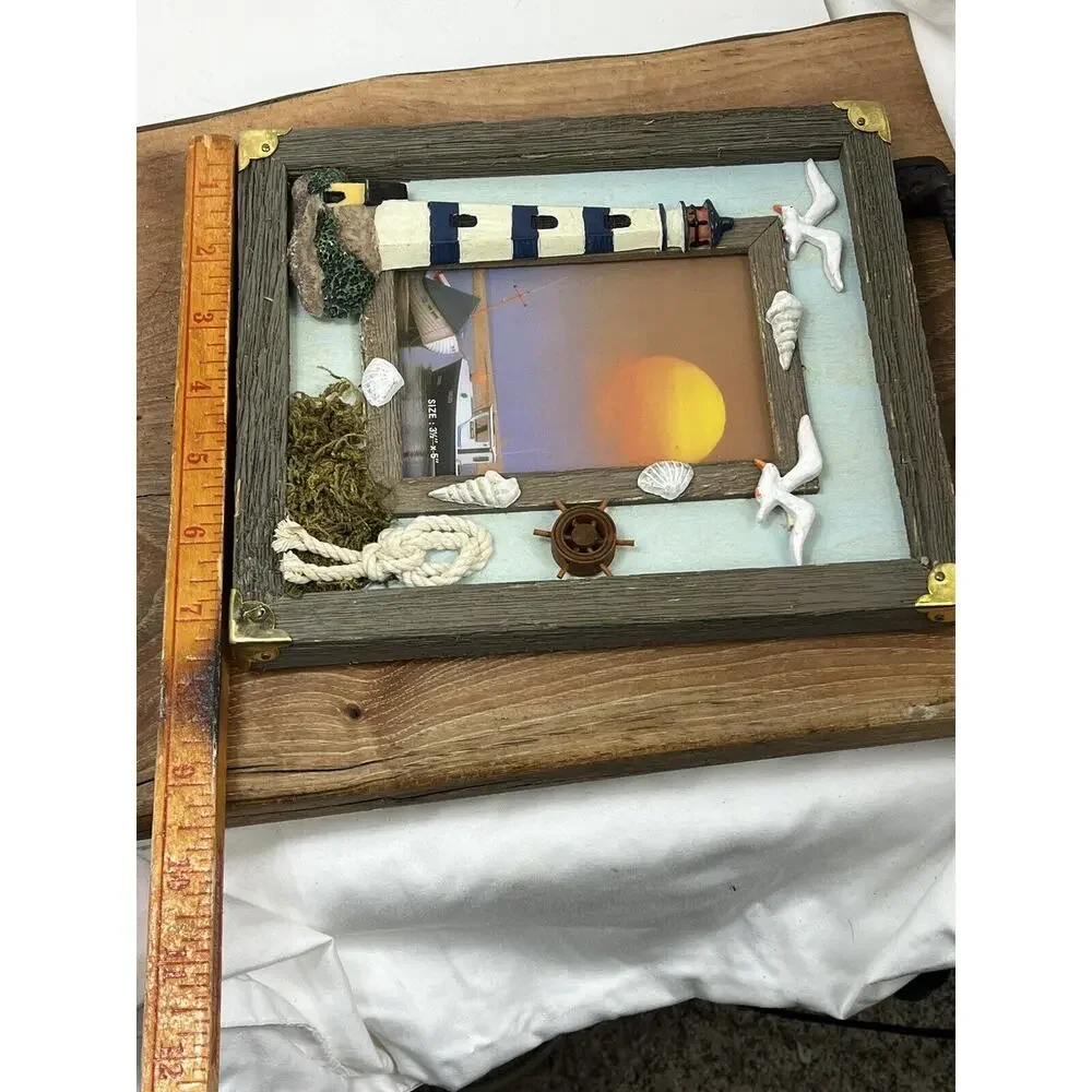 Vintage Lighthouse Picture Frame Table Desk Top Glass Multicolor Nautical Sea